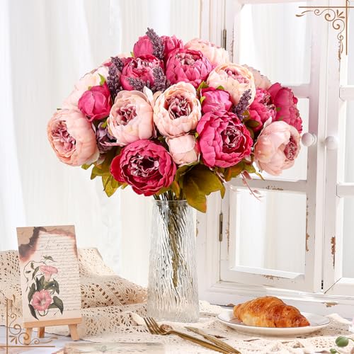 Olgaa 4 Bunches Peonies Artificial Flowers Faux Flowers Bouquet Silk Peony Hydrangea for Vase Wedding Centerpiece Bridal Shower Garden Party Home Decor (Dark Pink) - color: Dark Pink