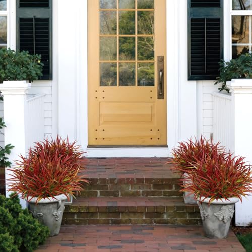 16 Pcs Artificial Plants Outdoor Fake Grass Faux Greenery Stems UV Resistant Plastic Plants Shrubs for Planters Patio Garden Front Porch Pathway Spring Summer Home Decor, Red - color: Red