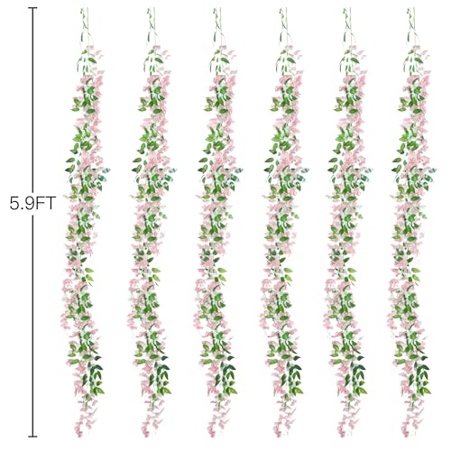 Sggvecsy 6Pcs Wisteria Garland Artificial Flowers Garland Fake Hanging Wisteria Vines Rattan Silk Hanging Flower Vines for Home Garden Outdoor Wedding Arch Party Ceremony Total 35.4Ft (Pink) - color: Pink
