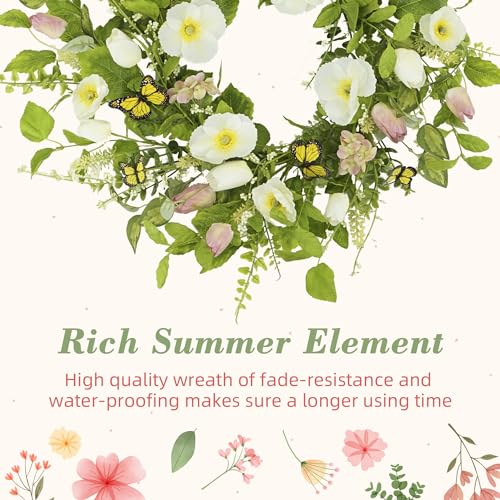 YNYLCHMX 20" Spring Summer Wreaths for Front Door, Artificial Floral Wreath with White Flower Eucalyptus Leaves Butterfly, Green Foliage Wreath for Wall Window Farmhouse Party Holiday Home Decor - color: White Flower