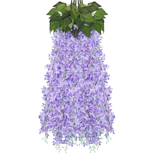 RECUTMS Artificial Lilac Flowers Garland 33.5in Faux Hanging Wisteria Vines 6Pcs Fake Silk Lilac Floral Decoration for Home Garden Wedding Arch Birthday Party Indoor Outdoor (Purple) - color: Purple-6p