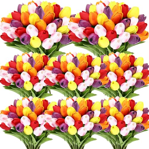 Janinka 75pcs Artificial Tulip Flowers Fake PU Tulips Faux Latex Bouquet Flower Centerpieces Arrangement Floral for Wedding Spring Decorations (1 Head,Pink,Red,Purple,Orange,Yellow) - color: Pink, Red, Purple, Orange, Yellow