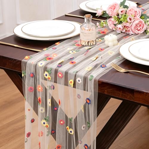 Champagne Embroidery Daisy Gauze Table Runner 10FT Floral Seasonal 120 Inch Sheer Tulle Table Runner Kitchen Dining Wedding Holiday Birthday Christmas Decor for Home Party Decorations - color: Champagne, size: 10 ft × 1 pc
