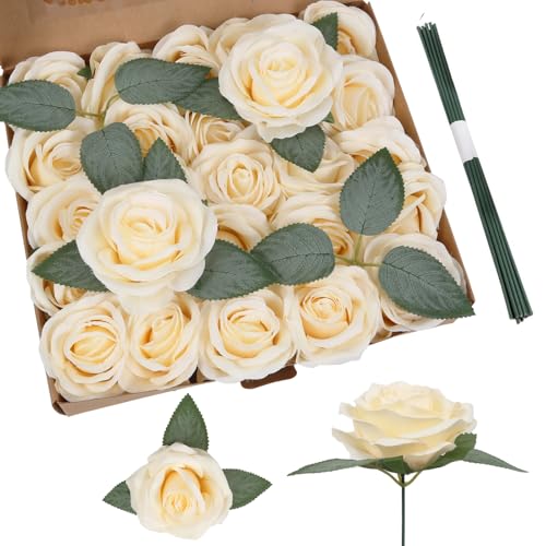 25PCS Champagne Roses Artificial Flowers 3.94" Large Silk Roses with Stems Real Look Artificial Roses for Wedding Table Centerpieces Arrangement Home Decor(Champagne) - color: Champagne