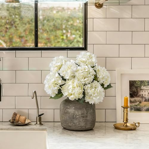 6PCS Realistic Artificial Silk Hydrangea Flowers – Premium Fake Hydrangea Flowers Bouquets with Stems, Full Faux Hydrangea Blooms for Home Wedding Table Party Baby Shower Decorations(White) - color: Cream White