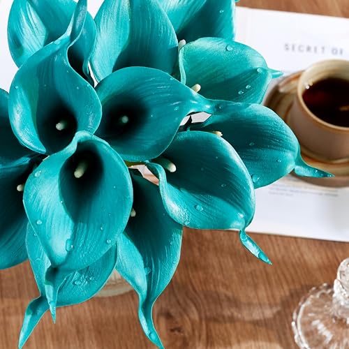 Teal Artificial Calla Lily 12Pcs Blue Real Touch Faux Flowers for Wedding Bouquet, Bride Bridal Shower, Spring Home Kitchen Table Decor, Fake Lilies for Centerpieces, Party Decorations - color: Teal Blue
