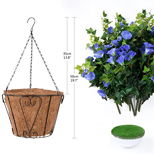 Homsunny Artificial Vine Silk Petunia Flowers, Fake Hanging Plant in Basket, Coconut Lining Pot Porch Decoration for Patio Lawn Garden Spring Summer Decor(Blue) - color: Blue