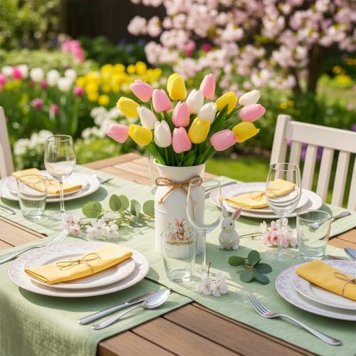 21 Pcs Artificial Tulip Centerpiece Decor with Vase Artificial Flower Bouquet Vintage Bunny Metal Flower Bucket Summer Tulip Floral for Party Spring Home Decor(Multicolor,Funny) - color: Multi Color, style: Funny