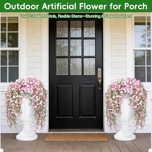 Artificial Flowers for Outdoors, 6-Pack 420 Blooms UV Resistant Hanging Morning Glory Silk Flowers Vines, Realistic Fake Plants Outside Decroation for Porch Patio Balcony Yard Garden (Light Pink) - color: Light Pink