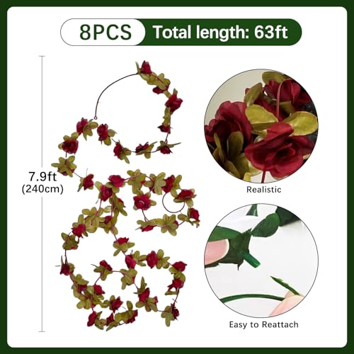 8Pcs 63Ft Burgundy Rose Garland, Fake Flower Vines, Artificial Vine Flowers, Rose Hanging Garland for Party Wedding, Garden, Room Table, Christmas, Backdrop Wall Arch Decor - color: Burgundy, size: 8Pcs-63Ft