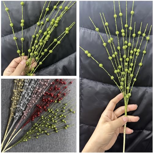 Artificial Glitter Berry Stem Ornaments, Bright Berries Decorative Bead Sticks, Glittery Twigs, Picks Branches for Home Christmas Tree, Small Vase, Holiday Wedding Party Decor - 17 Inch Green 10 Pack - color: Glitter Berry Sticks - Green 10 Pack