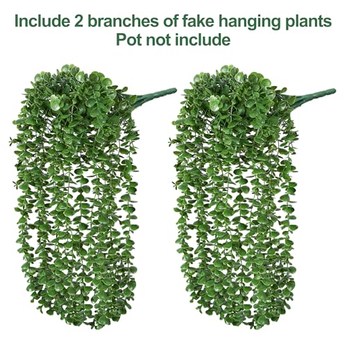 Faux Outdoor Plants Fake Hanging Plants for Outdoors Outside Decorations, 2 Pcs Green Faux Eucalyptus Vines Realistic UV Resistant Artificial Greenery for Planters Porch Garden Yard Front Door Patio - color: Eucalyptus Vine-darkgreen