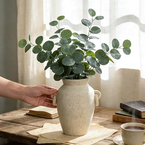 Ceramic Flower Vase with Handles, 9.3 Inch Tall Rustic Pottery Vase, Decorative Terracotta Vase for Home Decor, Living Room, Entryway, Table, Mantel, Shelf - color: 9.3"h-off White