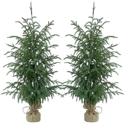 Artificial Norfolk Pine Trees 2 Pack, 3FT Fake Potted Tree with Decorative Burlap Base & Real Touch Leaves, UV Protected Indoor Outdoor Plant for Home Office Garden Decor - size: 3FT