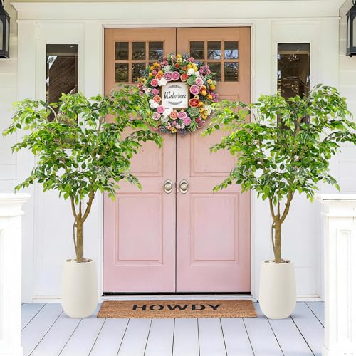 6.5FT Artificial Ficus Tree with White Planter and Pebbles,Faux Silk Tree with Lifelike Leaves and Realistic Trunk,Tall Fake Potted Plant for Home and Office Décor Indoor and Outdoor (6.5FT) - size: 6ft 6in