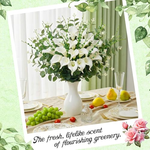 Suncalla 24 Pcs Artificial Calla Lily Flowers Bulk with Faux Eucalyptus Leaves Greenery Stems Jasmine White Calla Lilies Tulips Leaves Branches for DIY Bouquets Floral Arrangement Home Decor