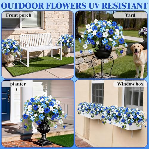 Artificial Flowers for Outdoors, 4 PCS Blue Faux Morning Glory UV Resistant Silk Flowers for Outdoor Planters Garden Balcony Porch Decor Realistic Fake Flowers for Spring Decoration - color: Blue, size: 4 Bundles