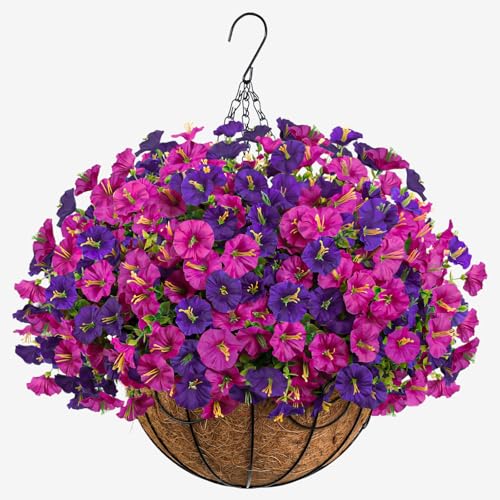 Artificial Hanging Flowers with Basket for Outdoors, UV Resistant Faux Silk Morning Glory with Eucalyptus Realistic Fake Hanging Plants for Spring Summer Outside Decor (Lotus&Purple) - color: Lotus&purple