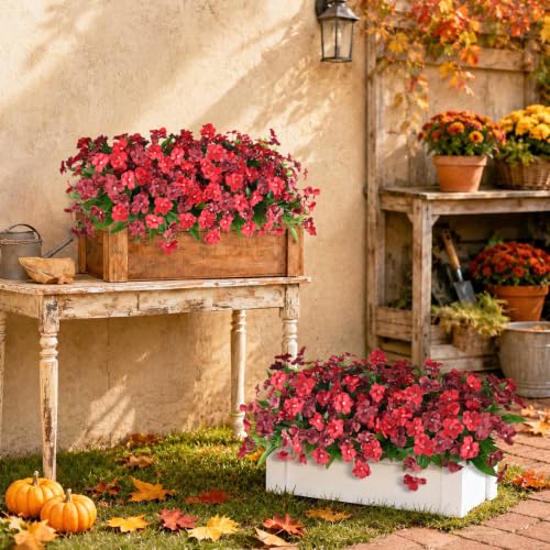 Hommyea Artificial Fake Flowers for Outdoor, 6 Bundles UV Resistant Faux Plants Decoration Silk Flowers No Fade Plastic Flowers for Outside Planters Home Porch Patio Yard Garden Decor(Purple) - color: Red,brown