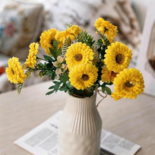 Artificial Mums, Outdoors Faux Fall Flowers Plants for Autumn Home Decor, 10 Bundles Natural Texture Daisy UV Resistant Indoor Festival Decoration for Wedding, Yard, Patio, Porch...(Yellow) - color: Yellow