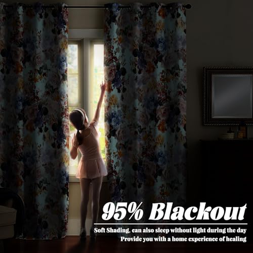 Renaiss Flower Blossom Curtains Watercolor Floral Painting Thermal Insulated Window Curtains for Living Room Bedroom Blackout Window Drapes Grommet Top 29W x 45L Inch 2 Panel Set - color: Watercolor, size: 29"W x 45"L (Pack of 2)