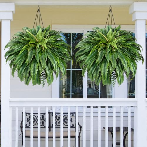 MARTINE MALL 2Pcs 48''/ 88 Leaves XXL Large Fake Ferns Artificial Ferns for Outdoors, UV Resistant Faux Boston Fern for Outdoor Planter Realistic Hanging Artificial Fake Plants for Porch Patio - color: Green-b, size: 2 PCS