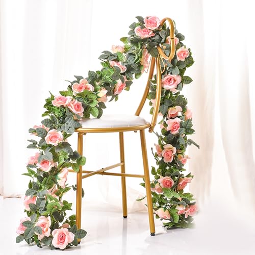 Flower Garland Rose Vine 4Pcs 28FT Artificial Floral Garland with Green Leaves Hanging Rose Vine for Wedding Party Garden Home Wall Decor (Pink) - color: Pink