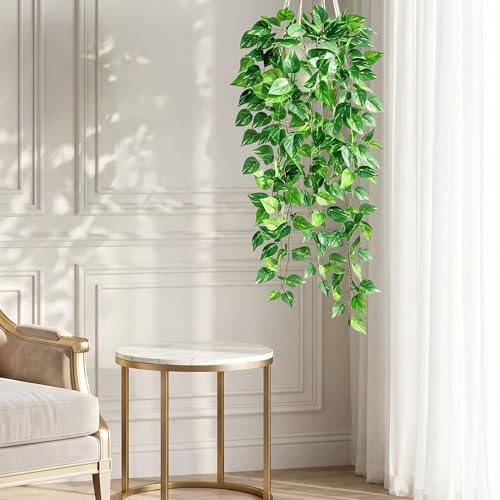 DREAMLOOM Fake Hanging Plants with Pot, Artificial Pothos Hanging Plants with Macrame Hanger for Indoor Decor, Fake Hanging Vines Faux Greenery for Home Kitchen Office - color: Pothos