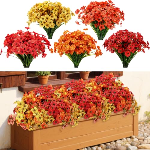 Lyrow 100 Bundles Violet Artificial Flowers, UV Resistant Faux Silk Flowers Outdoor, Fake Violet Bulk for Front Porch Hanging Garden Courtyard Farmhouse Home (Autumn Color System) - color: Autumn Color System