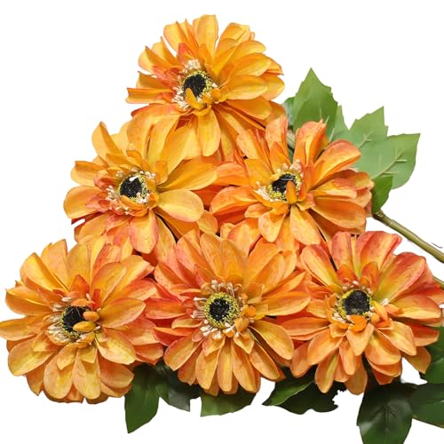 Artificial Chrysanthemums, Daisy Silk Flowers 6 Stems, Aster & Zinnia-Like Large Blooms in Gradient Colors, 24.8" Long Faux Marguerite for Indoor Outdoor Home Decor(Orange) - color: Orange