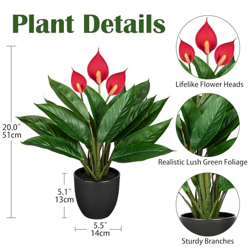 GnFlus 20'' Realistic Red Anthurium Artificial Potted Plant, Fake Flowers for Home Office Farmhouse Kitchen Bathroom Table Shelf Decor - color: 20'' Pink