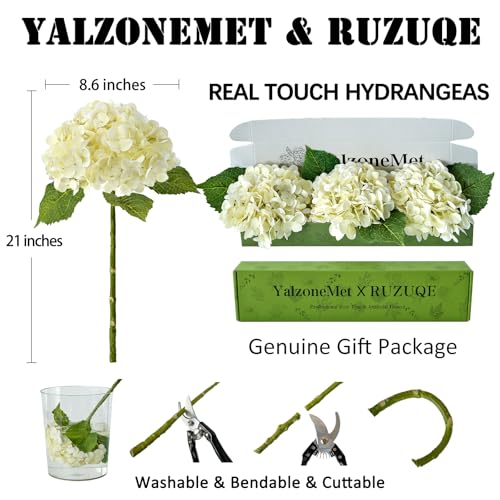 YalzoneMet 3 PCS Beige Creamy Hydrangea Artificial Flowers 21 inches Real Touch Faux Latex Hydrangea Flowers for Wedding Tables Centerpieces Fake Flowers for Party Home Kitchen Decor - color: Beige Creamy