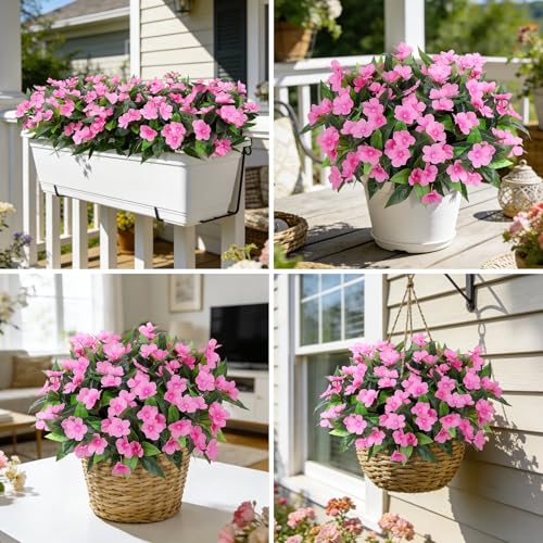 Ouddy Decor 6 Bundles Artificial Flowers for Outdoors Decorations, Fake Silk Flowers Faux Plants Plastic Bouquet UV Resistant for Porch Garden Wedding Spring Summer Indoor Outside Home Decor, Pink - color: Pink