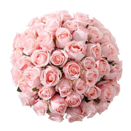 60Pcs Realistic Fake Roses Faux Flowers with Long Stems, Artificial Silk Rose Flowers for Valentines Day Home Wedding Decor Bridal Bouquet (Light Pink-60) - color: Light Pink-60