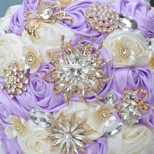 Lilac Ivory Wedding Bridal Bouquet with Rhinestone Brooch Bouquet for Bride Bridesmaid Quinceanera Satin Rose Flower Bouquet Wedding Light Purple Lilac and Ivory 6.3in - color: Light Purple & Ivory, size: Diameter: 6.3 inches