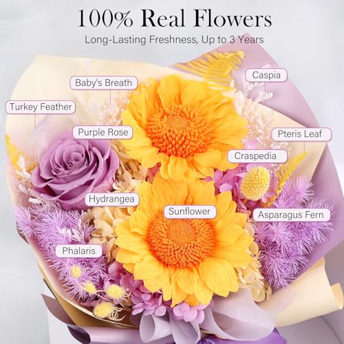 Preserved Sunflower Bouquet - Forever Flowers for Delivery, Purple Rose That Last 3 Years, Eternal flowers Bouquet, Mothers Day Gifts for Mom Grandma Wife, Anniversary Birthday Gifts for Women - color: Purple
