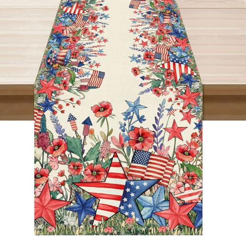 XCHI Watercolor Flowers America Stars Fireworks Memorial Day Table Runner 4th of July Patriotic Independence Day Table Decoration for Party Home Kitchen Dining Holiday Decor 13x48 Inch - size: Table Runner 13x48 Inch
