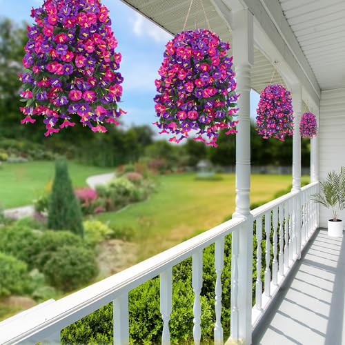 Artificial Fake Hanging Flowers Plants for Outdoor Outside Spring Summer Decoration 4PCS Faux Silk UV Resistant Realistic Morning Glory Trailing Vines for Home Porch Patio Balcony(Purple & Magenta) - color: Purple & Magenta, size: 4Pcs