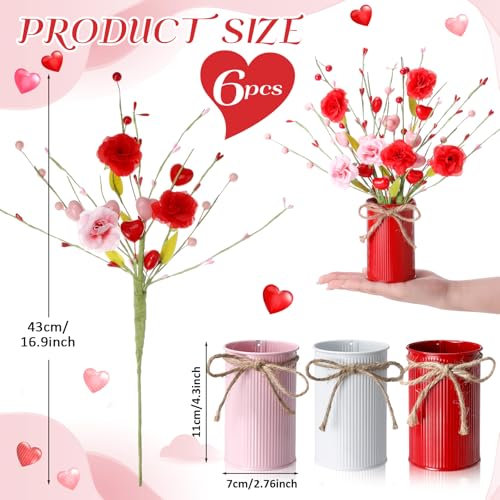 Zeyune 3 Sets Rose Berry Table Centerpiece, 6 Artificial Rose Berry Stems Picks with Metal Vase Pot, Fake Flower Arrangement for Wedding Reception, Anniversary Dinner, Mantel & Entryway Decor - color: 3 Colors, size: Rose