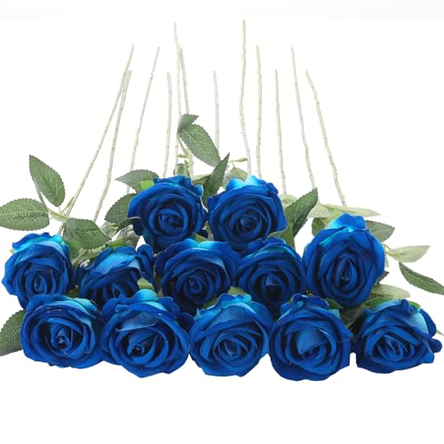 12Pcs Blue Roses Artificial Flowers Fake Roses Faux Velvet Silk Flower for Home Wedding Decoration (Pearl Rose, Blue) - color: Pearl Roses - Blue 12p