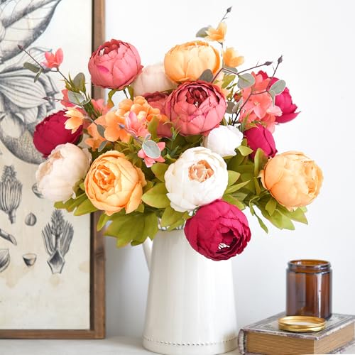FiveSeasonStuff Artificial Peony Bouquets, 2 Silk Flower Bundles in Peach, Coral, Cream & Burgundy with Hydrangeas for Wedding Centerpieces & Home Decor (Country Delightful) - color: Country Delightful (Orange, White, Pink & Red)