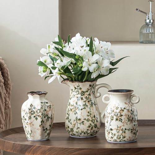 Ceramic Flower Vases Set of 3 | Green Rustic Farmhouse Vase Set for Home Decor, Vintage Floral Decorative Vase for Living Room & Kitchen, Mantel & Bookshelf, Centerpieces, Entryway(5.7+5.9+7.1Inch) - color: 06-green and Beige-set of Three