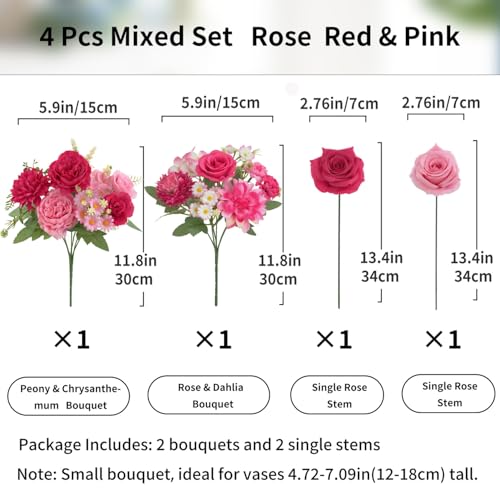 4 Pcs Mixed Artificial Flower Set, Small Artificial Peony Bouquet Fake Rose Flower Silk Floral Arrangements for Table Centerpiece Home Wedding Party Bridal Decoration(Mixed Pink, 2 Bouquets & 2 Stems) - color: Mixed Pink, size: Mixed 4pcs