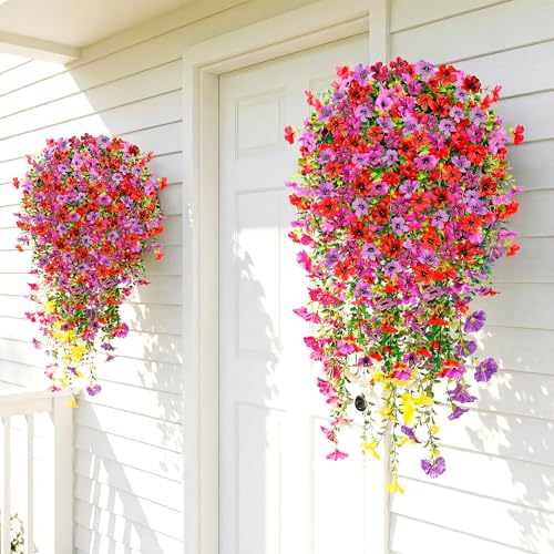5PCS Artificial Faux Hanging Flowers Plants for Outdoor Decor,Fake Silk Daisy Flowers with Eucalyptus UV Resistant Realistic Vines for Home Porch Patio Balcony Yard Decor (Hot pink Red Purple) - color: Hot Pink Red Purple