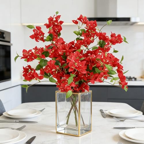 HCTCPALS Artificial Flowers for Outdoors 10 Pcs Bougainvillea Plant Realistic Silk Fake Flowers for UV Resistant Faux Plants Outdoor Indoor Outside Front Porch Hanging Planter Decoration-30” Red - color: Bougainvillea Red