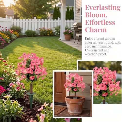 Outdoor Artificial Simulated Trees 2-Piece Set, UV-Resistant Simulated Boxwood Fake Shrubs with Ground Stakes for Outdoor Porch & Garden Decoration (Pink) - color: Pink