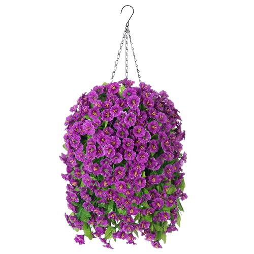 Ammyoo Artificial Faux Hanging Flowers Basket for Spring Summer Outdoor Porch Decor, Fake Silk Colorful Morning Glory Eucalyptus in Planter UV Resistant Look Real for Home Balcony Yard(Darkorchid) - color: Darkorchid