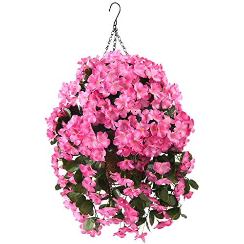 INQCMY Artificial Hanging Flowers with Basket for Garden Outdoor Spring Summer Decoration,Faux Silk Begonia in Planter Look Real UV Resistant for Home Porch Patio Balcony Yard Decor(Red) - color: Red