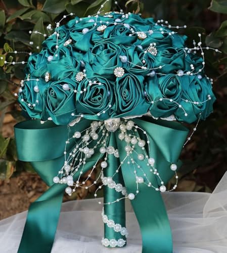 Ujicde Romantic Wedding Bouquet Bridal Bridesmaid Round Bling Brooch Bouquet Throw Toss Artificial Rose Flower Bunch with Sparkle Rhinestone Crystal Decoration(Dark Green,Dia. 6.3"*16cm) - color: Dark Green, size: Dia. 6.3"*16cm