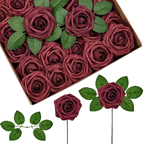 InnoGear Artificial Flowers, 50 Pcs Burgundy Foam Fake Roses Bulk with Stems for Decoration DIY Wedding Bouquets Centerpieces Bridal Shower Party Christmas Tree - color: Burgundy